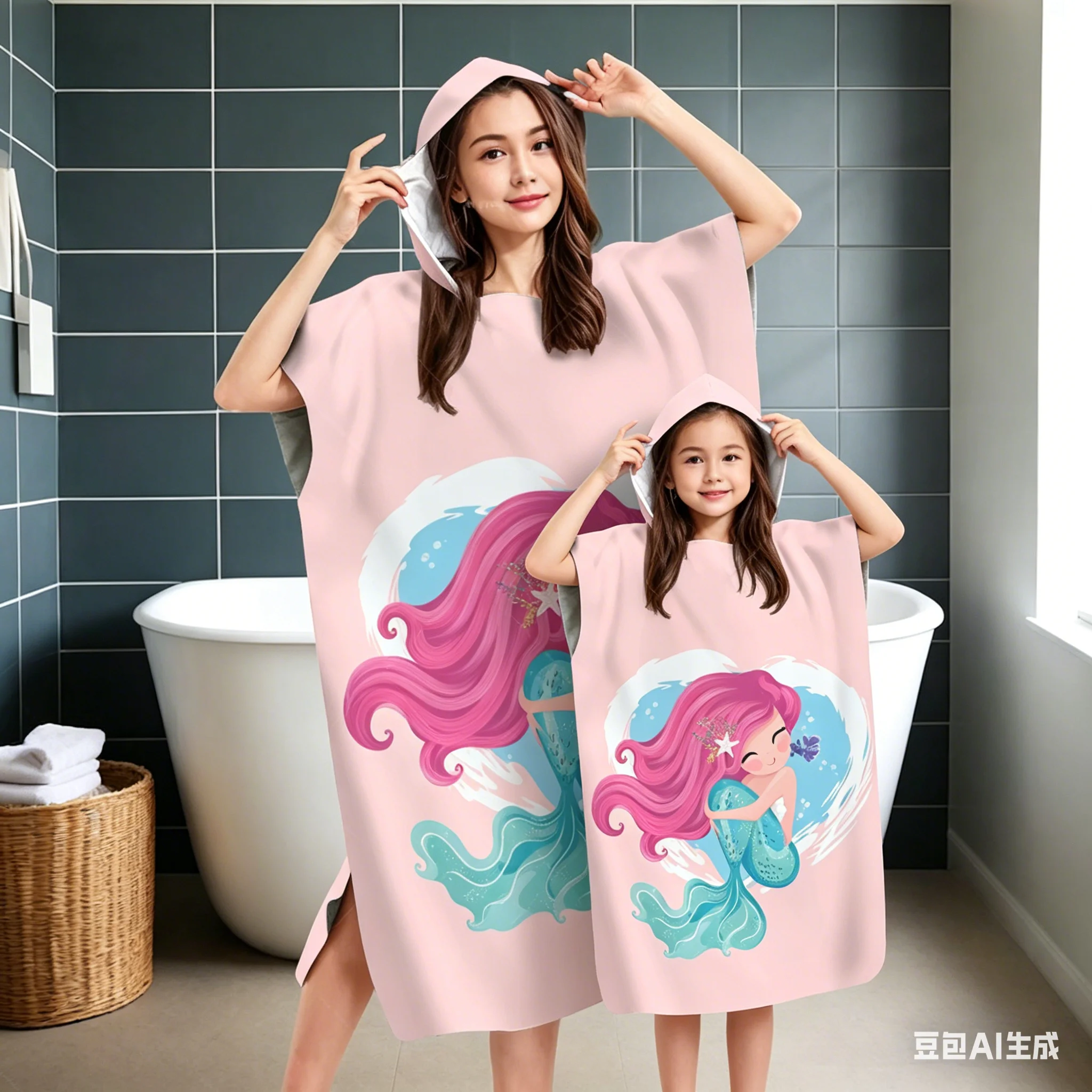 Parent-Child Pink Mermaid Hooded Bathrobe, Quick Dry Wearable Towel Poncho for Beach Swim Pool