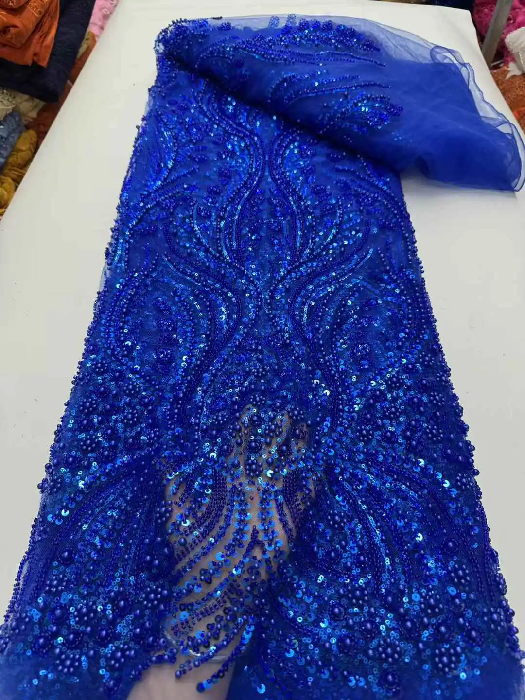 

Royal Blue New Design High Quality Beade French Fabric African Sewing Lace Classic and Unique Design 5 Yards for Lady Hot Sale