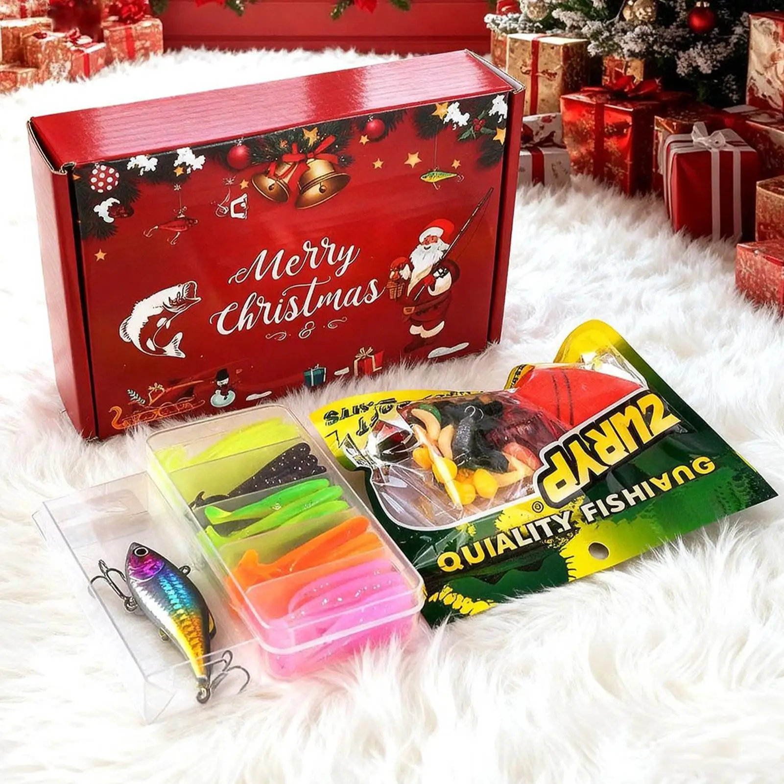 مجموعة طعم الصيد لعيد الميلاد، مجموعة أدوات صيد سمك السلمون المرقط لموسم العطلات، ليلة العائلة، الصباح، التخييم في الهواء الطلق، بحيرة النهر #1