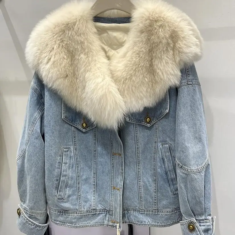 2023 winter new genuine fur coat for women Fashion luxury Fox fur collar denim jacket down liner parka female Outerwear Y3291