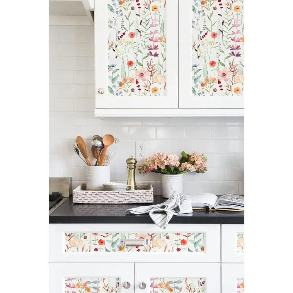 ورق جدران بألوان مائية قابل للإزالة مع أوراق طازجة وزهور متعددة الألوان قابلة للتقشير واللصق للجدران