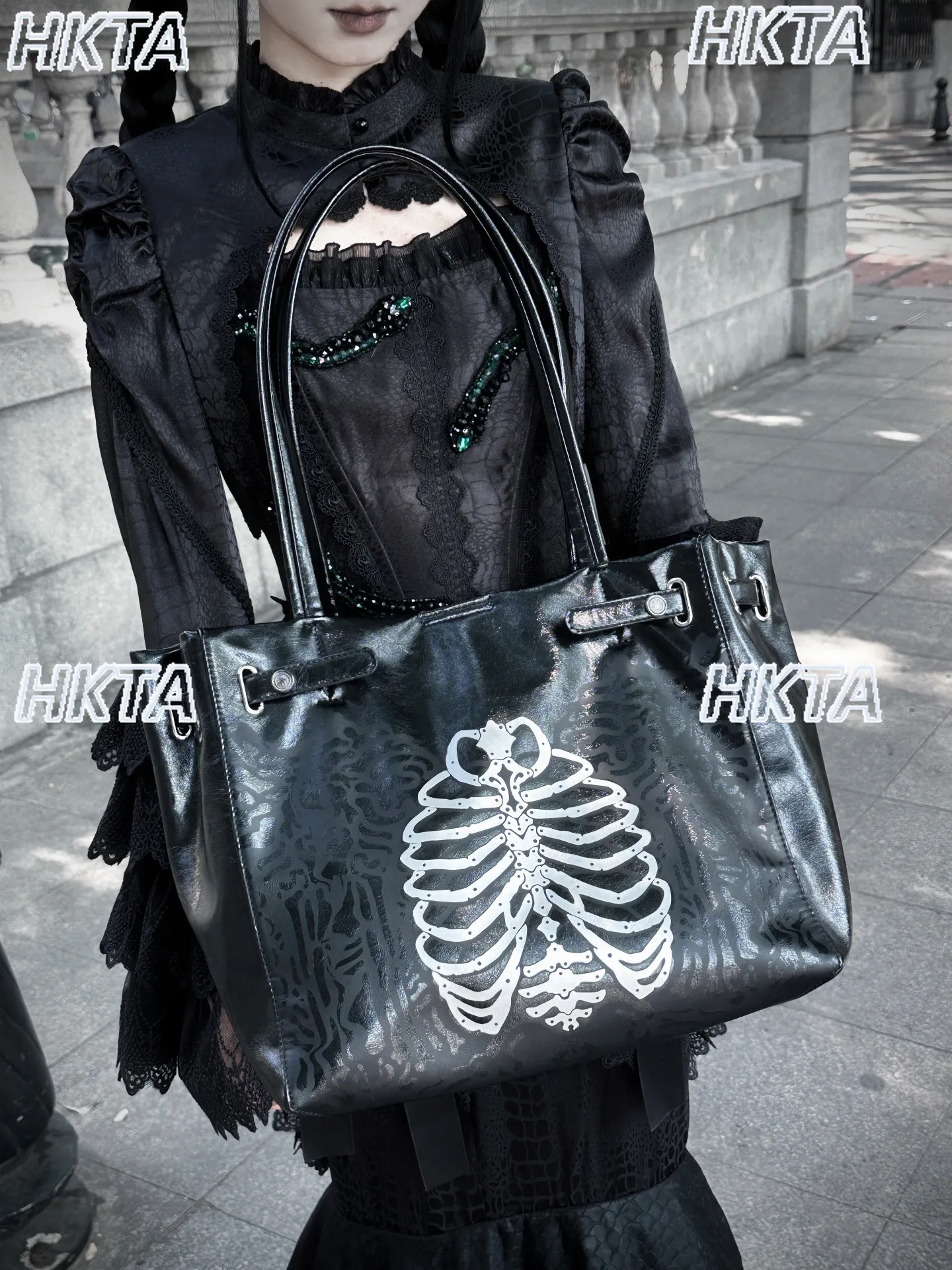 Gothic Dark Subculture Y2k New Lolita Large Capacity Commuter Tote Bag Fashion Square Zipper Printed Bags Black Backpacks Women