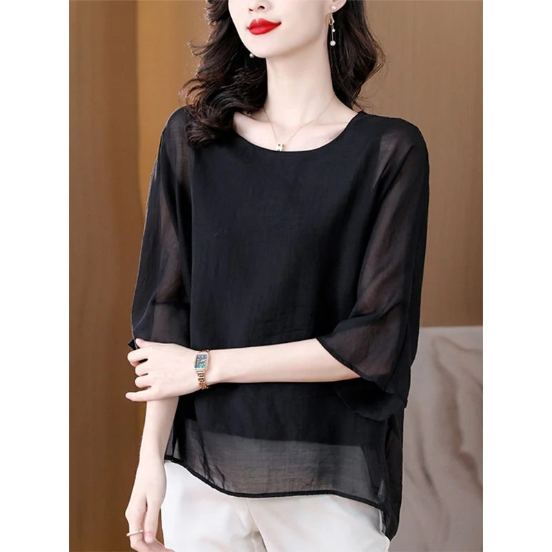 Women Summer Casual Fashion Loose Patchwork Solid Color O-neck 3/4 Sleeve Chiffon Shirts Women Clothes Elegant All-match Top Tee