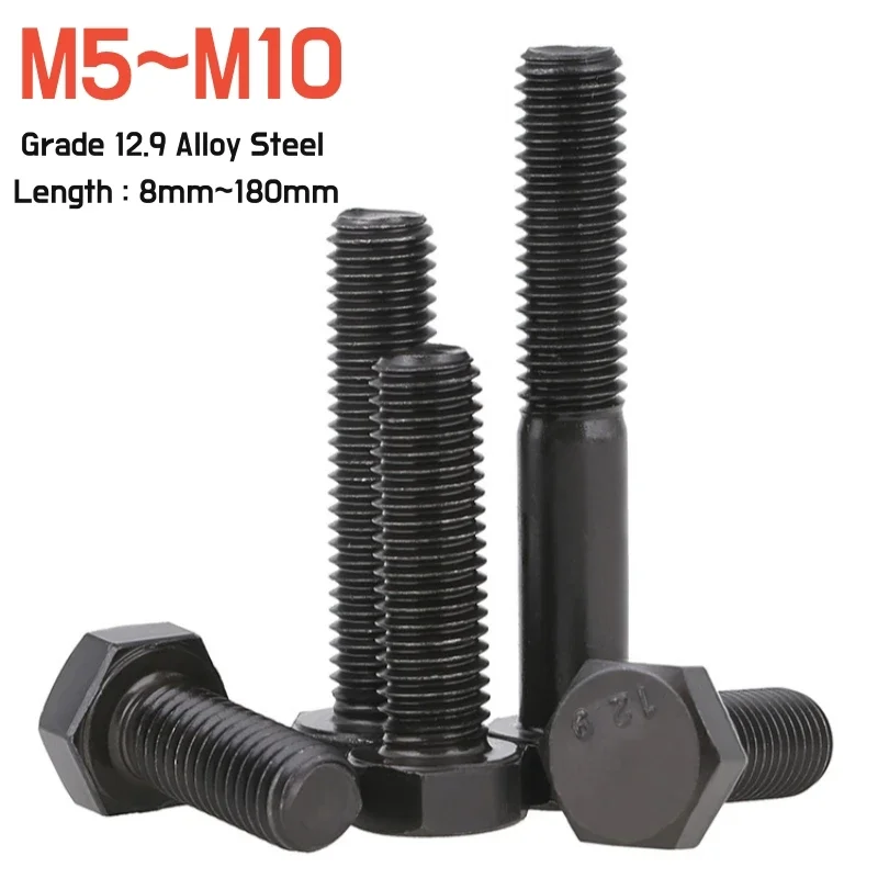 1~10pcs M5 M6 M8 M10 Black External Hexagon Outside Hex Head Cap Screws Bolt High Tensile Grade 12.9 Steel DIN933 Length 8~180mm