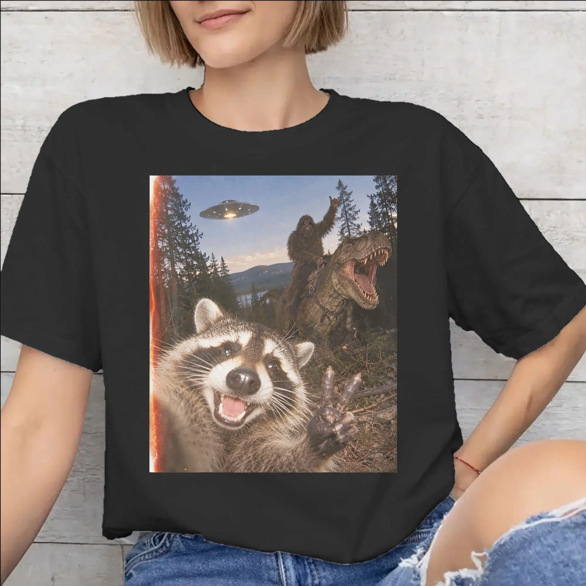Funny Bigfoot Ride Dinosaur Raccoon Tee Shirt for Men Women New Arrival T Shirts  Cotton Clothing