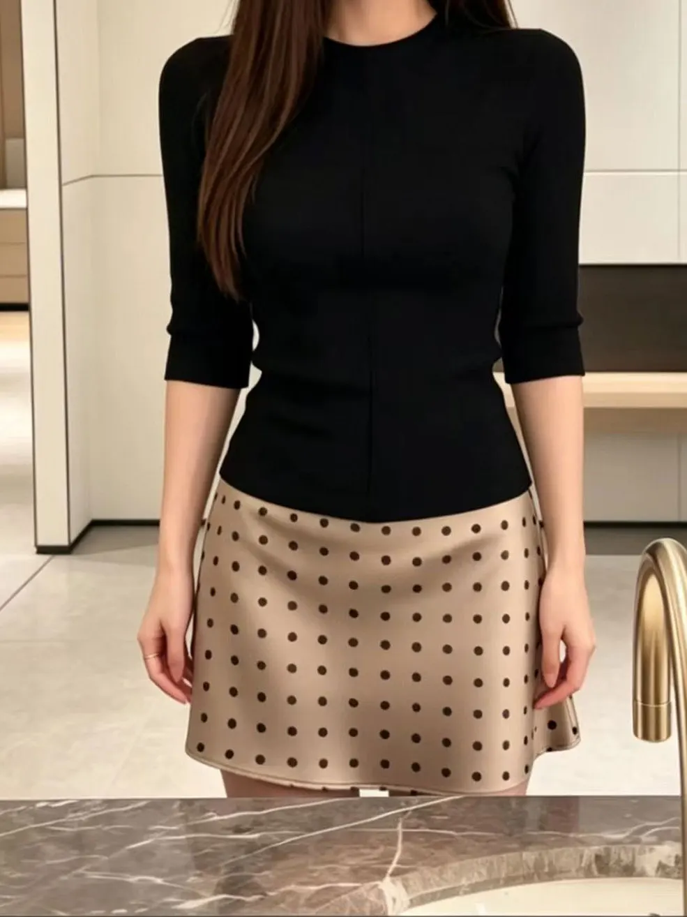 

Slimming Polka Dot Halter T-Shirt And Skirt Set Fashionable Midi Dress Women's Summer Outfit Black Sleeveless Vintage Style
