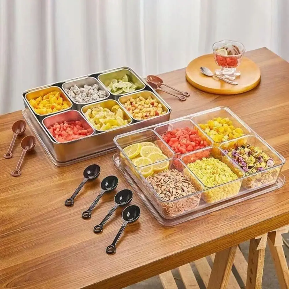 

Stainless Steel Storage Seasoning Box PC Cover 6 & 8 Grid Condiment Organizer with Lid and Fork Chilled Condiment Server
