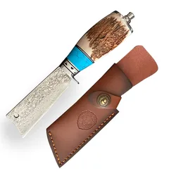 Handmade Natural Deer Antler + Turquoise Handle Fixed Blade Knife Damascus Steel Outdoor Camping Survival Knife For Self Defense