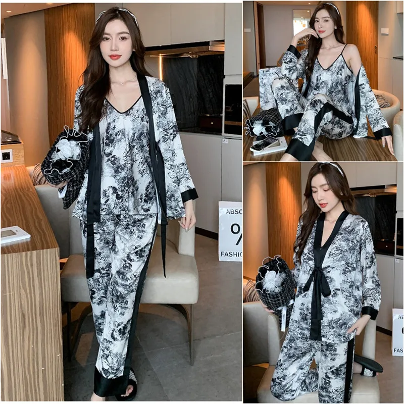 Three-Piece Pajamas Spring Summer Ice Silk Ink Painting Senior Sense Pajamas Suspenders Long Pants Comfortable Printing Homewear