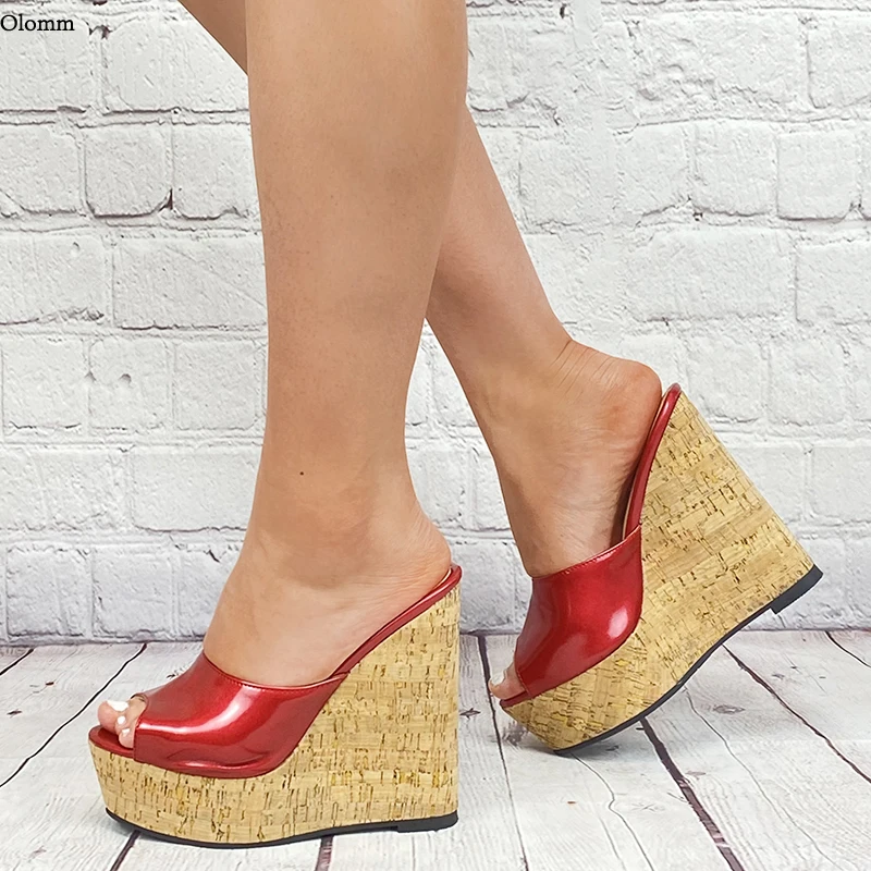

Olomm Handmade Women Summer Mules Sandals Wedges Heel Peep Toe Gorgeous Red Party Shoes Size 35 47 52