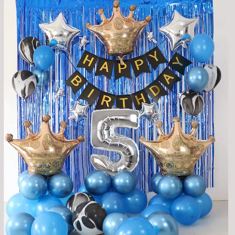 1-9-year-old Blue Metal Balloon Set Blue Latex Balloon Crown Balloon Birthday Party Decoration Children's Wedding Birthday Baby