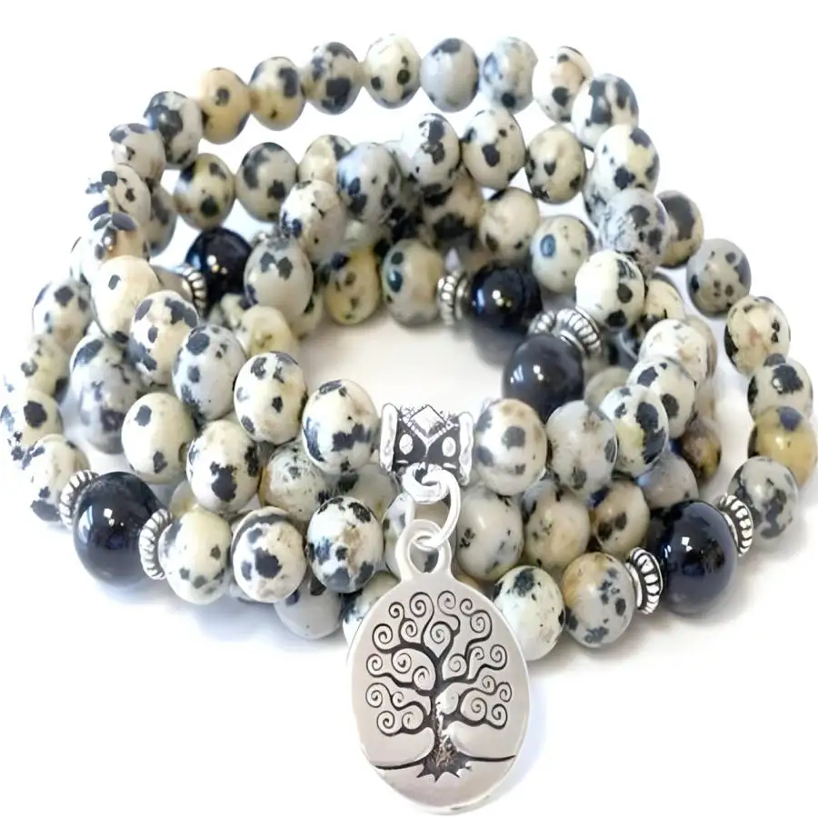 

6mm Spotted Stone Bracelet 108 Beads Tree Of Life Pendant Bohemian Bead Gemstone Sacred Nirvana elastic Chaplet Japa Men's