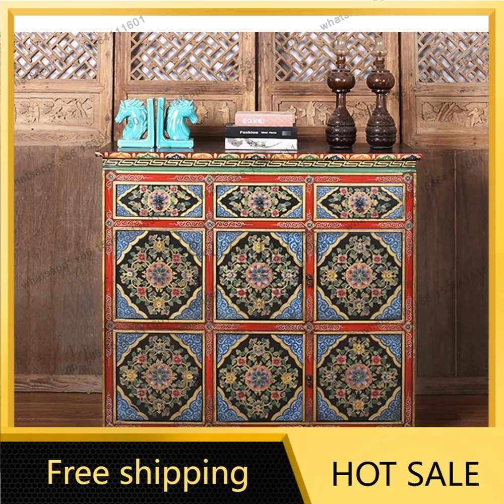 LD solid wood antique Tibetan-style painted entrance cabinet Chinese style old hand-painted side cabinet