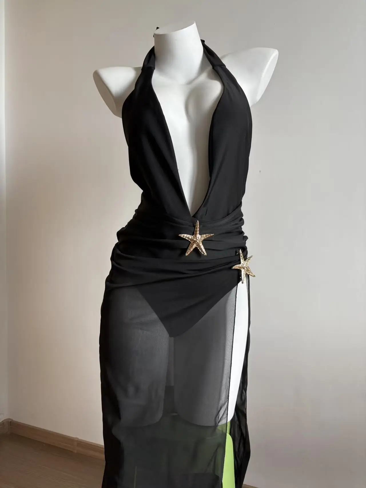 Dwuczęściowe stroje kąpielowe dla eleganckich kobiet, jednoczęściowe kostiumy kąpielowe z rozcięciem w kształcie rozgwiazdy, seksowne bikini z wiązaniem na szyi i spódniczką.