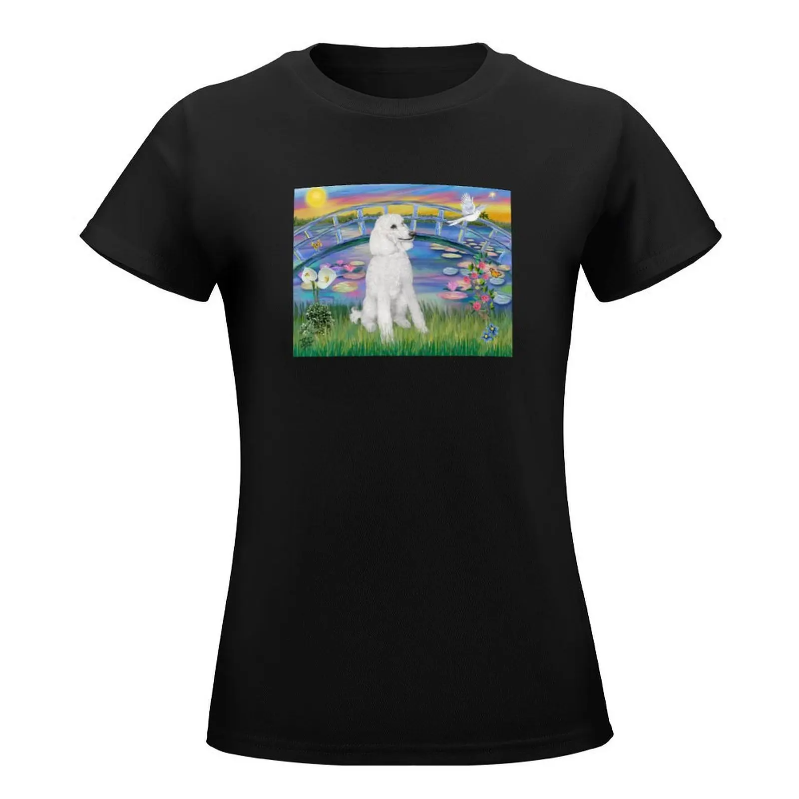 Lily Pond Sunrise with a White Standard Poodle T-Shirt sports fans anime clothes plain t shirts for Women