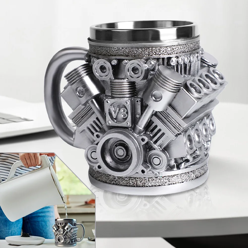 Mug 3D V8 Engine, tasse en acier inoxydable de 200 ml avec design moteur V8, design rétro, cadeaux créatifs pour hommes, mari, passionnés de voitures