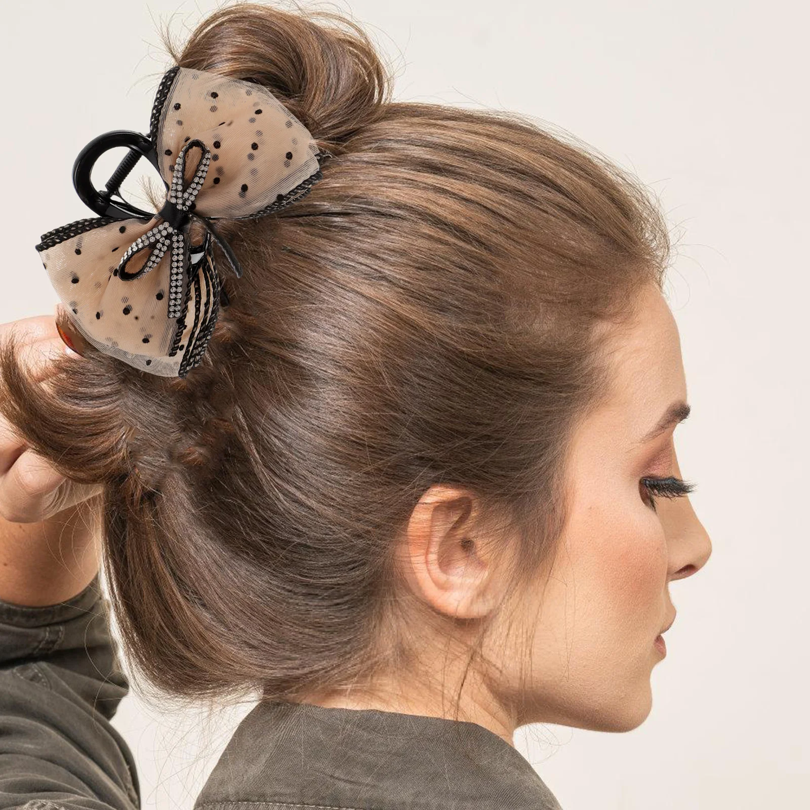 

3pcs Bowknot Hair Claw Clips Sparkling Rhinestones Dots Mesh Bubble Grip Plastic Curly Clamp Black Gray
