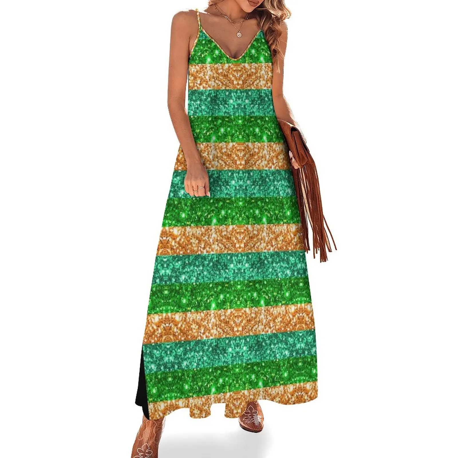 

Ireland St Patrick's Day Irish Green and Gold Glitter Stripes Sleeveless Dress women's dresses luxury women dresses