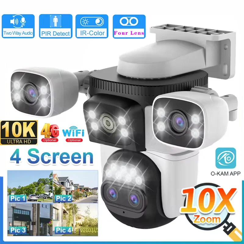 Cámara WiFi de seguridad para el hogar 10K cuatro lentes cuatro pantallas 360 °   Cámara IP de vigilancia inalámbrica de 20MP con seguimiento automático CCTV con zoom óptico 10X