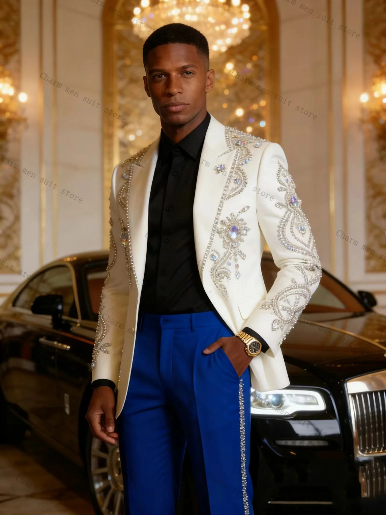 الفاخرة الأبيض الرجال الدعاوى مجموعة 2 قطعة السترة + بانت بنطلون الزفاف سهرة حجر بلورات مكتب رسمي العريس سترة معطف القطن