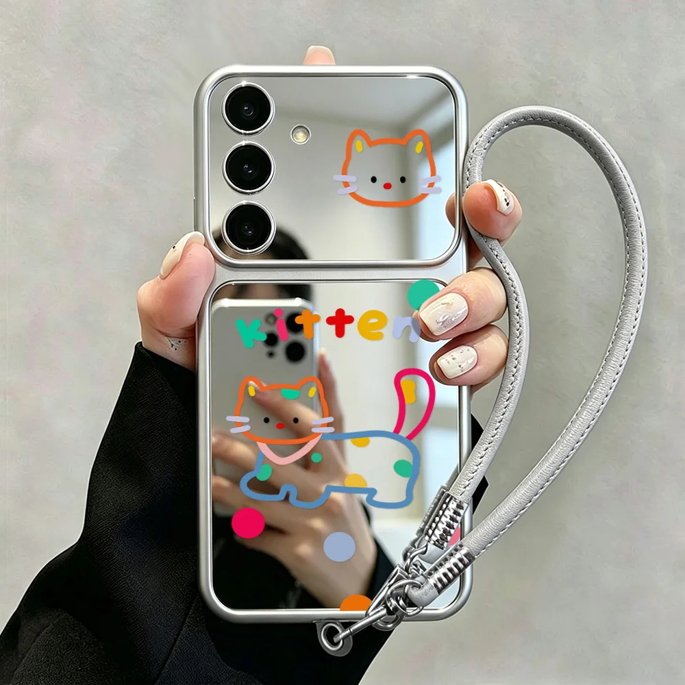 Cute Cat Mirror Case with Phone Lanyard For Samsung A55 5G A56 A57 A37 A36 A35 A26 A17 A16 A07 A06 A53 S26 Ultra S25 S24 S23 FE