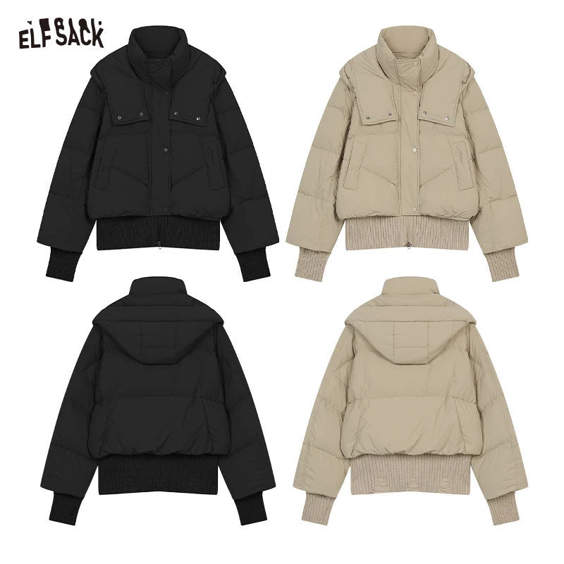 ELFSACK 2024 Autumn New Arrivals New Knit Spliced Hooded Down Jacket for Women Short Puffer Coat for Petite Figures