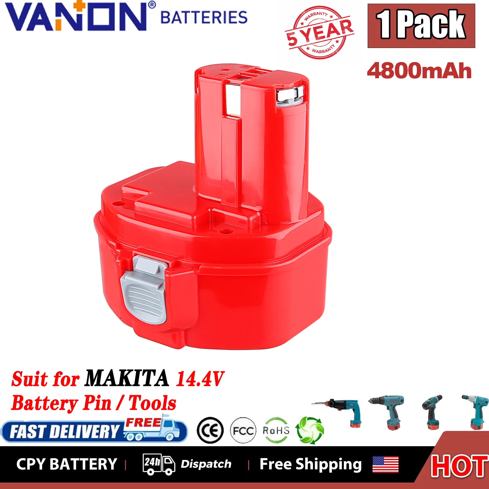 VANON 1/2/4Pcs 4.8Ah 1420 Ni-MH 14.4V Replace For Makita Battery Pin Compatible with 1422 1433 PA14 192600-1 1051D Power Tools