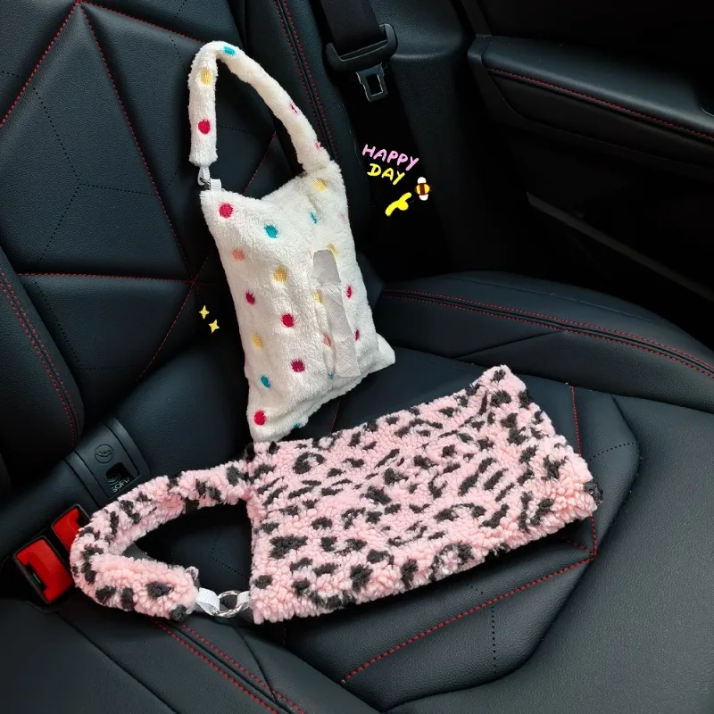 Fluffy Car Tissue Holder, Leopard & Polka Dot Tissue Box Cover with Hanging Ring, Cute Auto Interior Accessory, Universal Fit