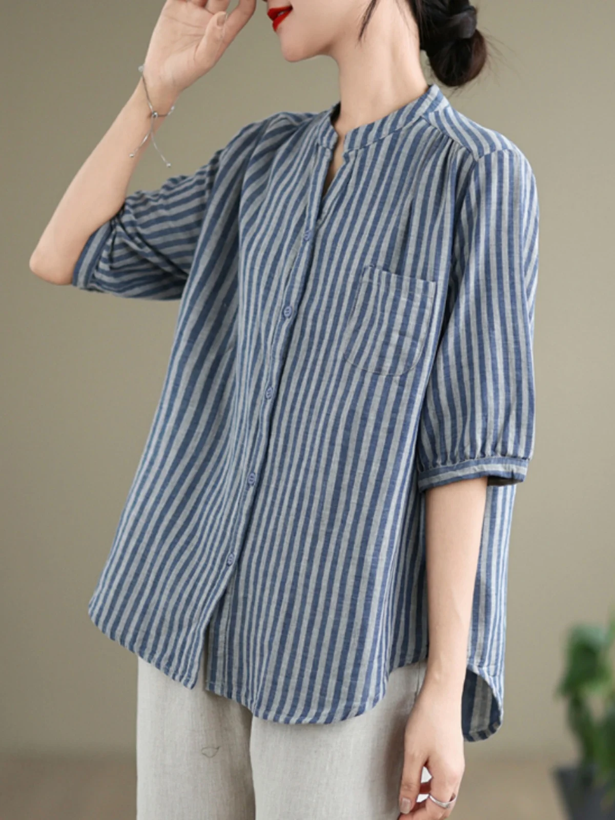 

Casual Loose Women's Cotton irt Striped Slimming Top Five-Quarter Sve round Ne Pure Cotton Commute Faion Summer