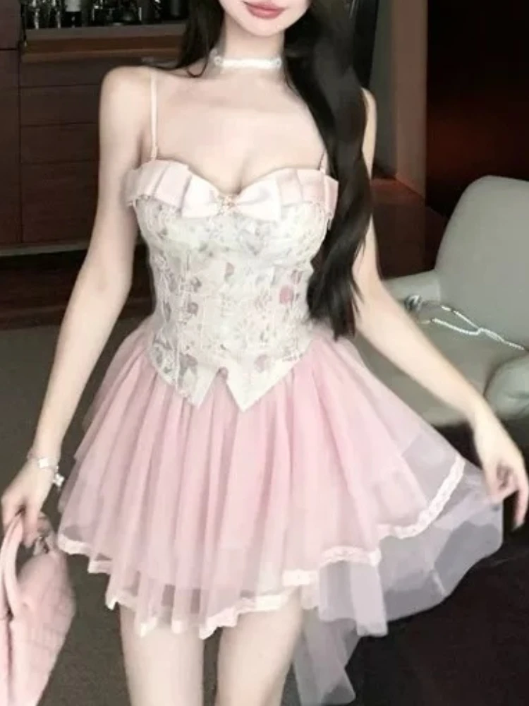

Korean Pure Design Sweet 2 Piece Set Women Bow Suspender Tops + High Waist Skirt New Aesthetic Fit Chic Sexy Summer Outfit 2025