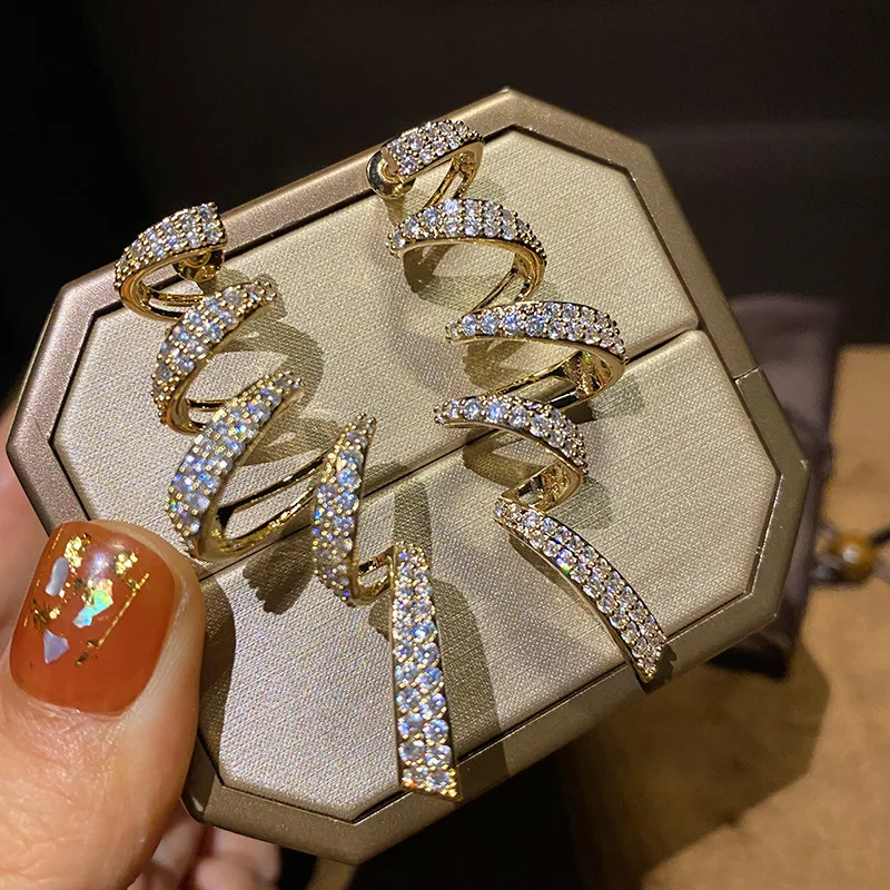 Huitan New Trendy Spiral Earrings Full Bling Bling Cubic Zirconia Statement Hanging Earrings for Women Wedding Aesthetic Jewelry
