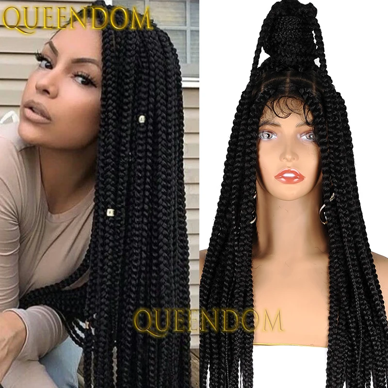 36 ”Synthetische Jumbo Knooploze Doos Gevlochten Pruik Full Lace Grote Cornrow Plait Vlechten Pruik Voor Zwarte Vrouwen Kant Frontale Faux Locs Pruik