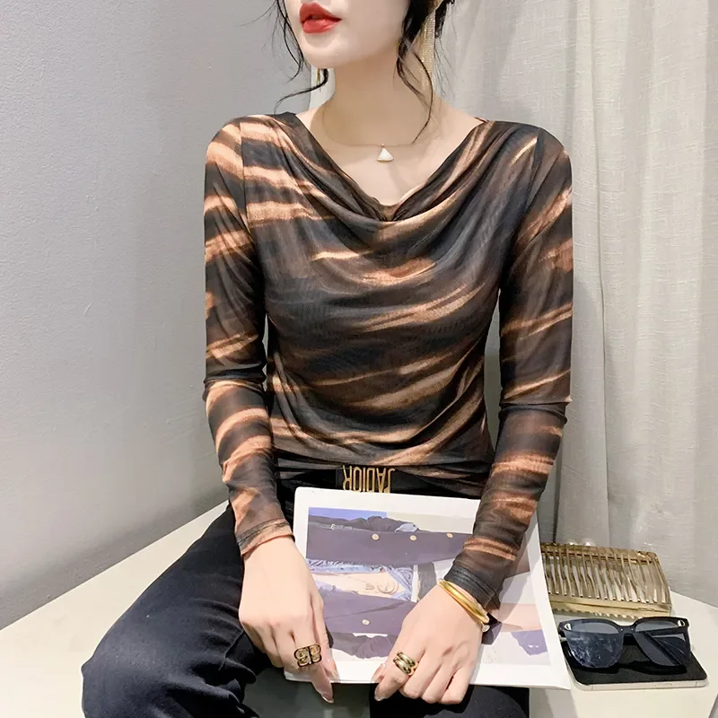 

Women's Cowl Neck Gradient Striped Mesh T-Shirt Slim Fit Sheer Long Sleeve Layering Top For Spring In Brown