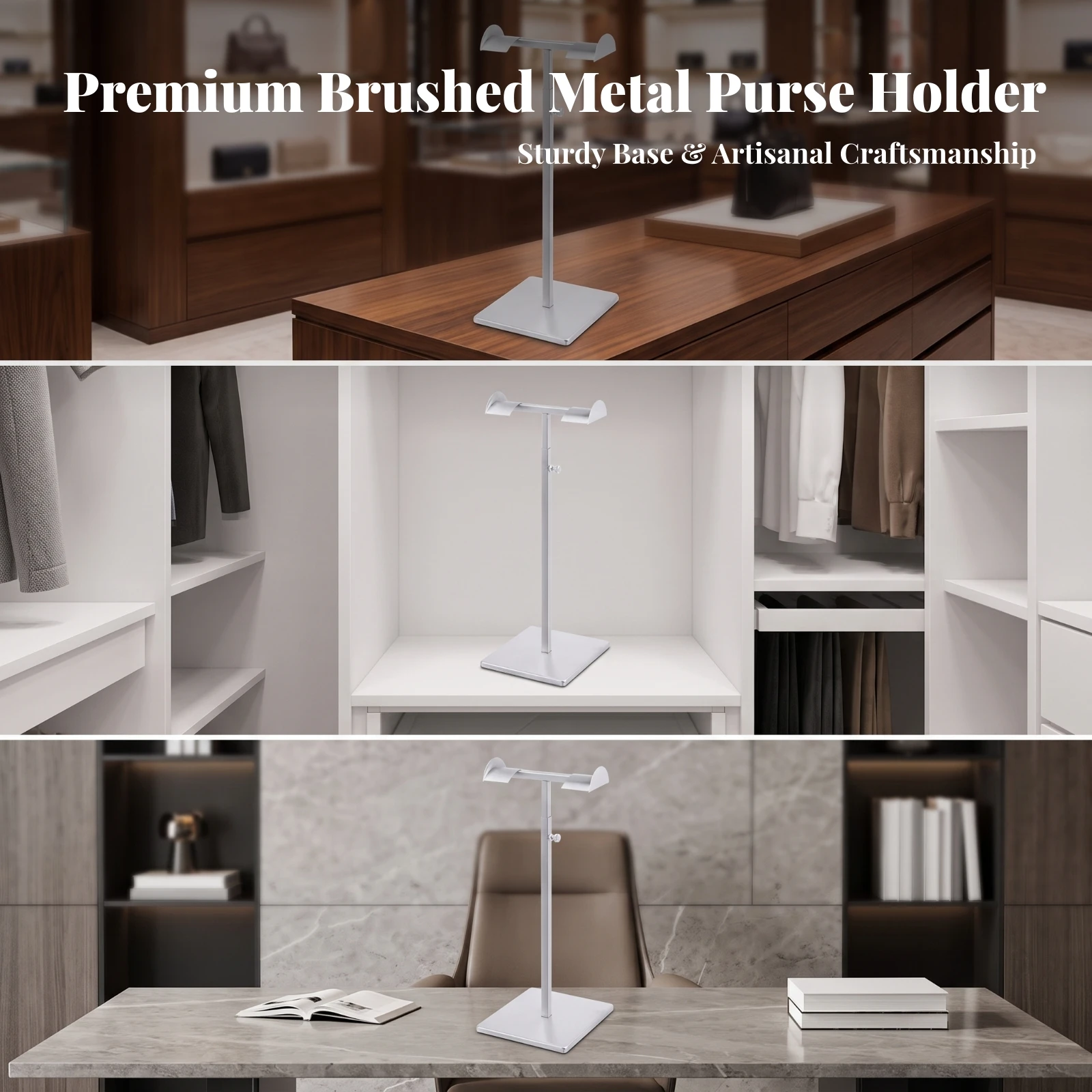 Handbag Display Stand Height-Adjustable Purse Display Stand Handbag Holder Brushed Metal Sturdy for Boutiques, Retail Counters