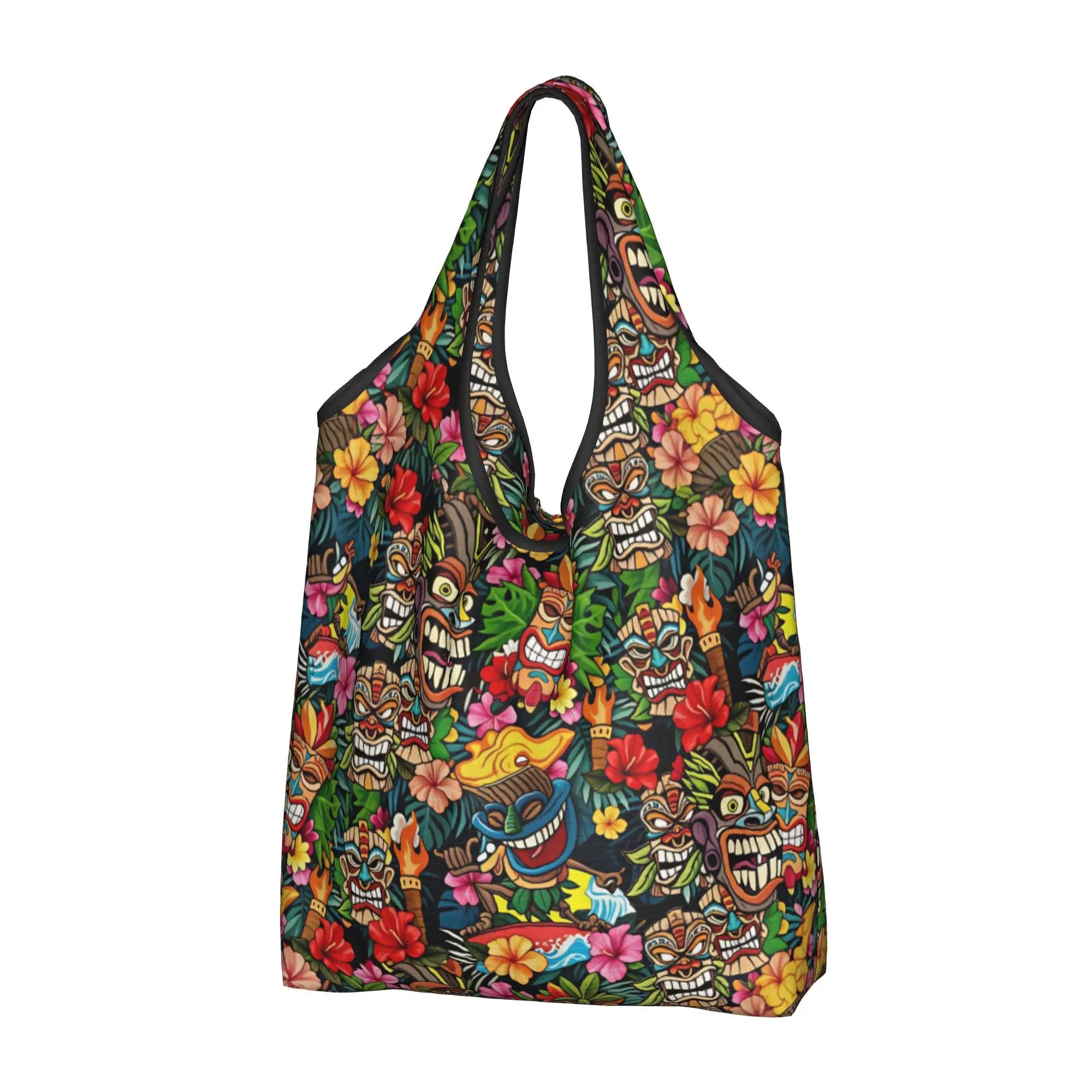 Fashion Printing Tiki Mask Tropical Plants And Flowers Tote Shopping Bag  Shopper Shoulder Hawaiian Style Palm Monstera Handbag