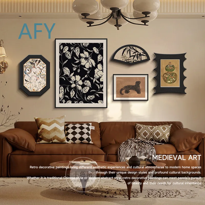 Vintage Style Living Room Wall Art Set for Sofa Backdrop Decor French Retro American Antique Painting Canvas Wall Hanging for