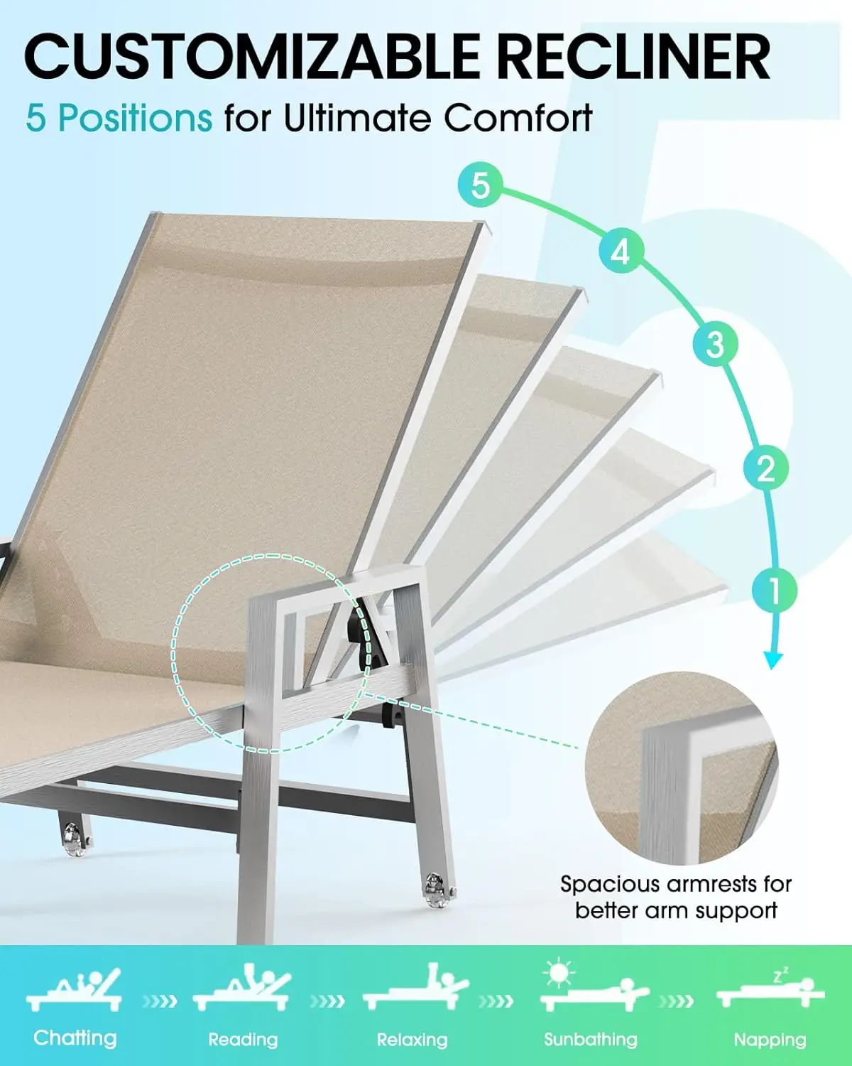 Sillón reclinable para terraza, sillón reclinable de aluminio para piscina con ruedas y reposabrazos, un juego de 2 sillones reclinables ajustables de cinco posiciones Khakis