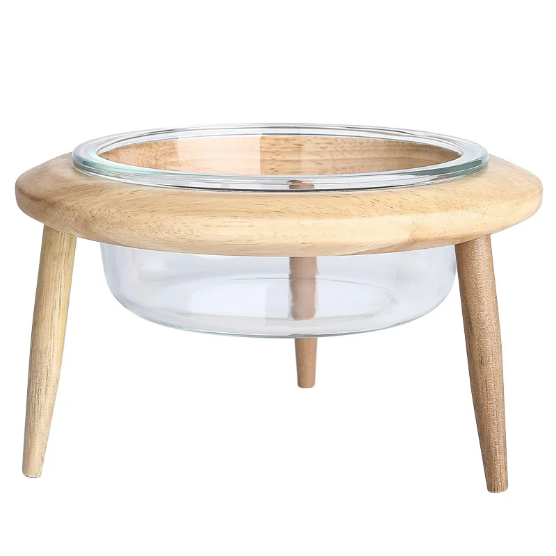 Glass Cat Bowl High Foot Protection Cervical Spine Cat Food Dog Cat Basin Drinking Bowl Pet Ceramic Bowl Solid Wood Shelf