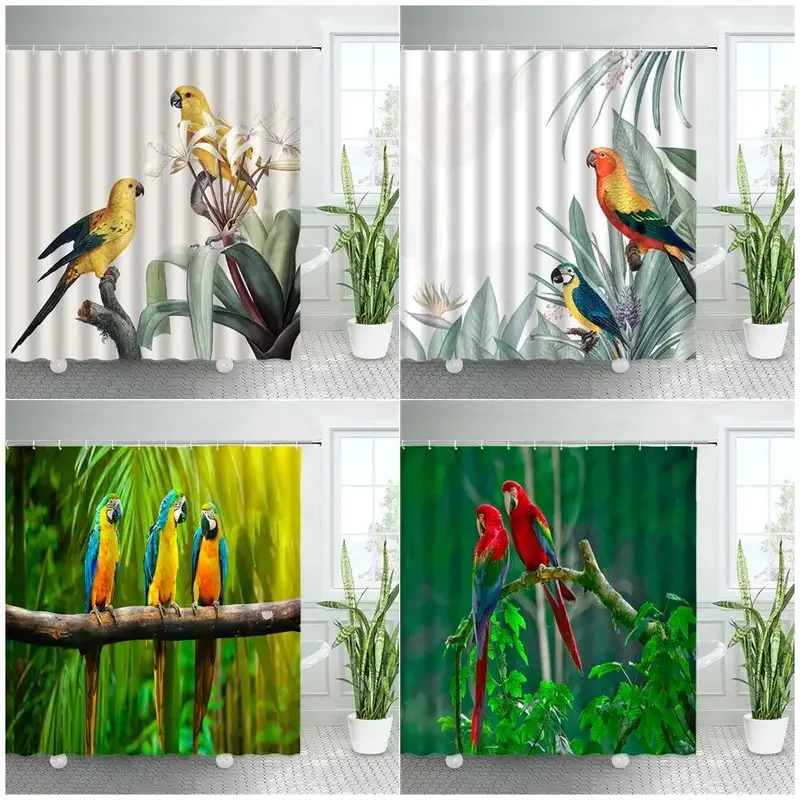 Funny Parrot Shower Curtains Tropical Forest Branch Birds Green Plant Leaves Print Fabric Bathroom Decor Bath Curtain Sets Hooks