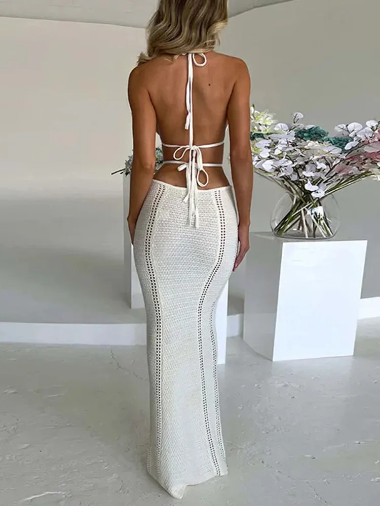 2025 Sexy Fringe Kwastje Gebreide Gehaakte Tuniek Beach Cover Up Vrouwen Lange Jurken Backless Cover-ups Strand Jurk Strand dragen