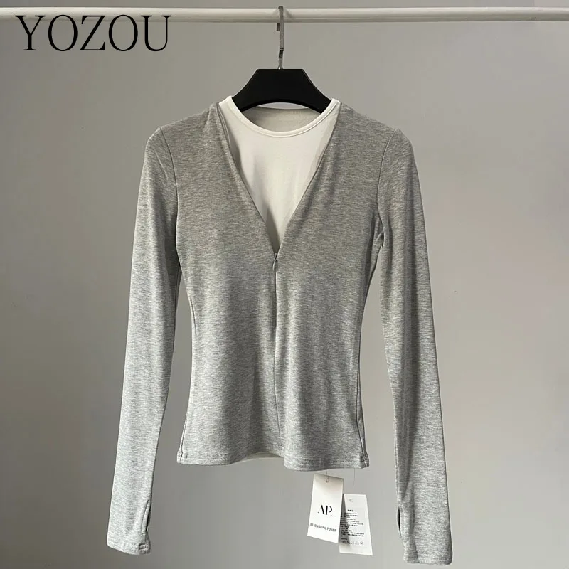 [YOZOU] 2000s Y2k Tops Stylish 2 Pieces Set Black Gray Solid Basic White Tank Long Sleeve Slim Top Tee Tshirt Women Korean Style