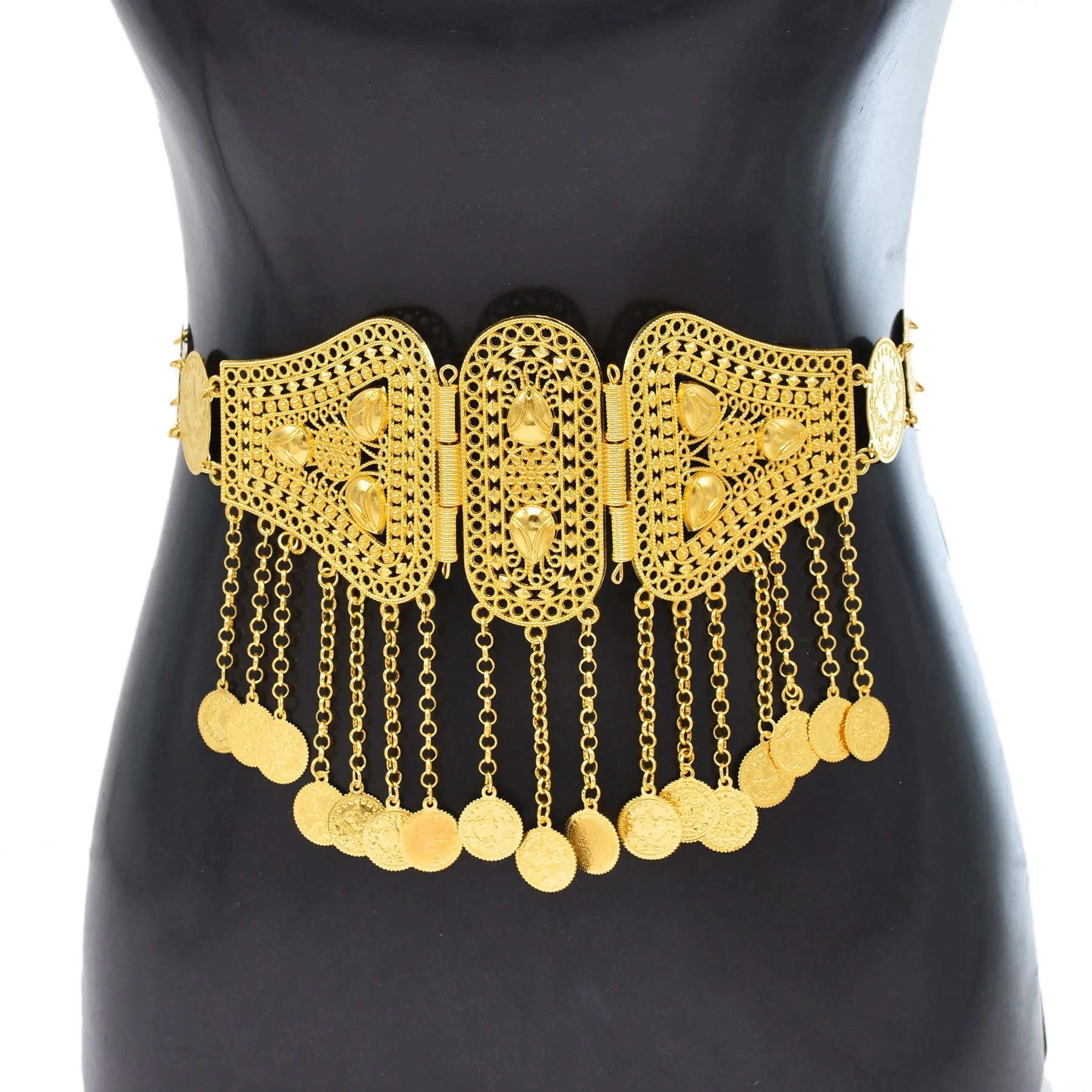 Golden Metal Coin Long Chain Belts for Women India Belly Dance Morocan Afghan Turkish Kurdistan National Dress Waistband Jewelry