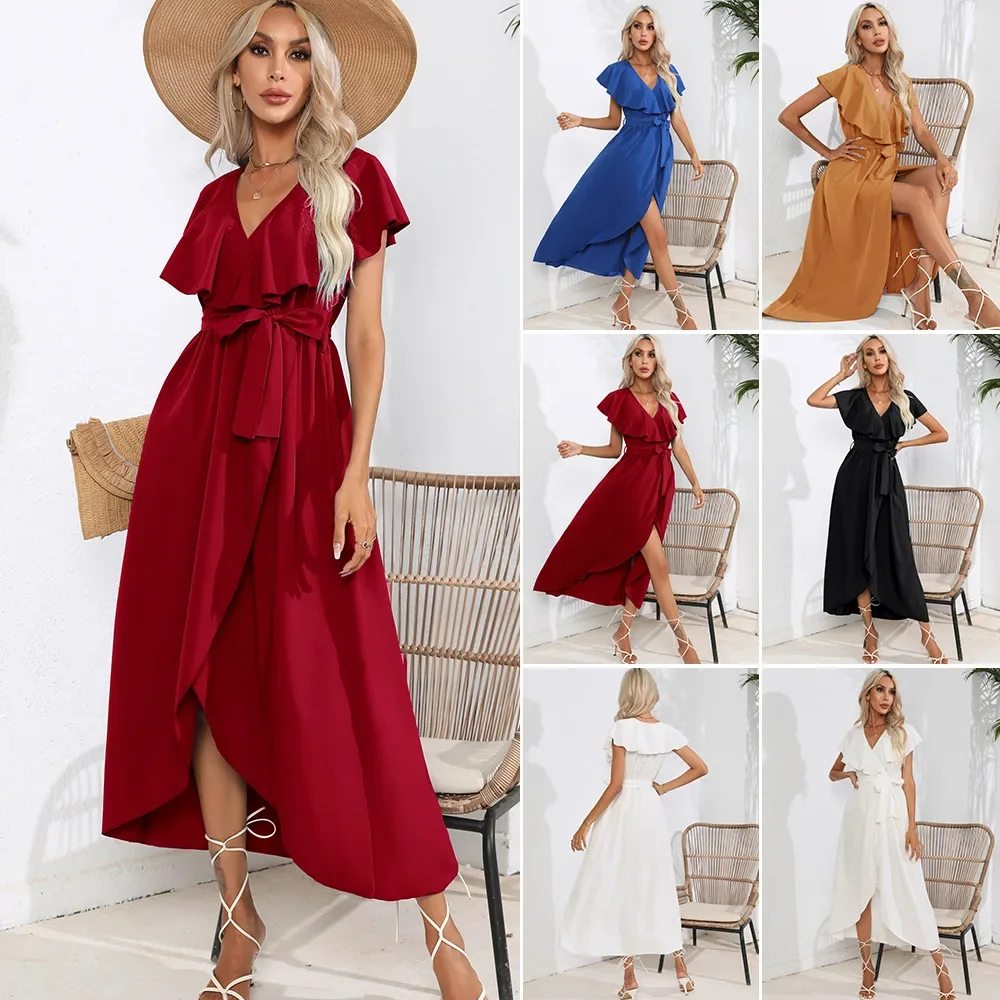 

Женские летние элегантные платья с рюшами и v-образным вырезом без рукавов, ажурное платье на шнуровке, Vestidos, женские платья макси, халаты, женские платья