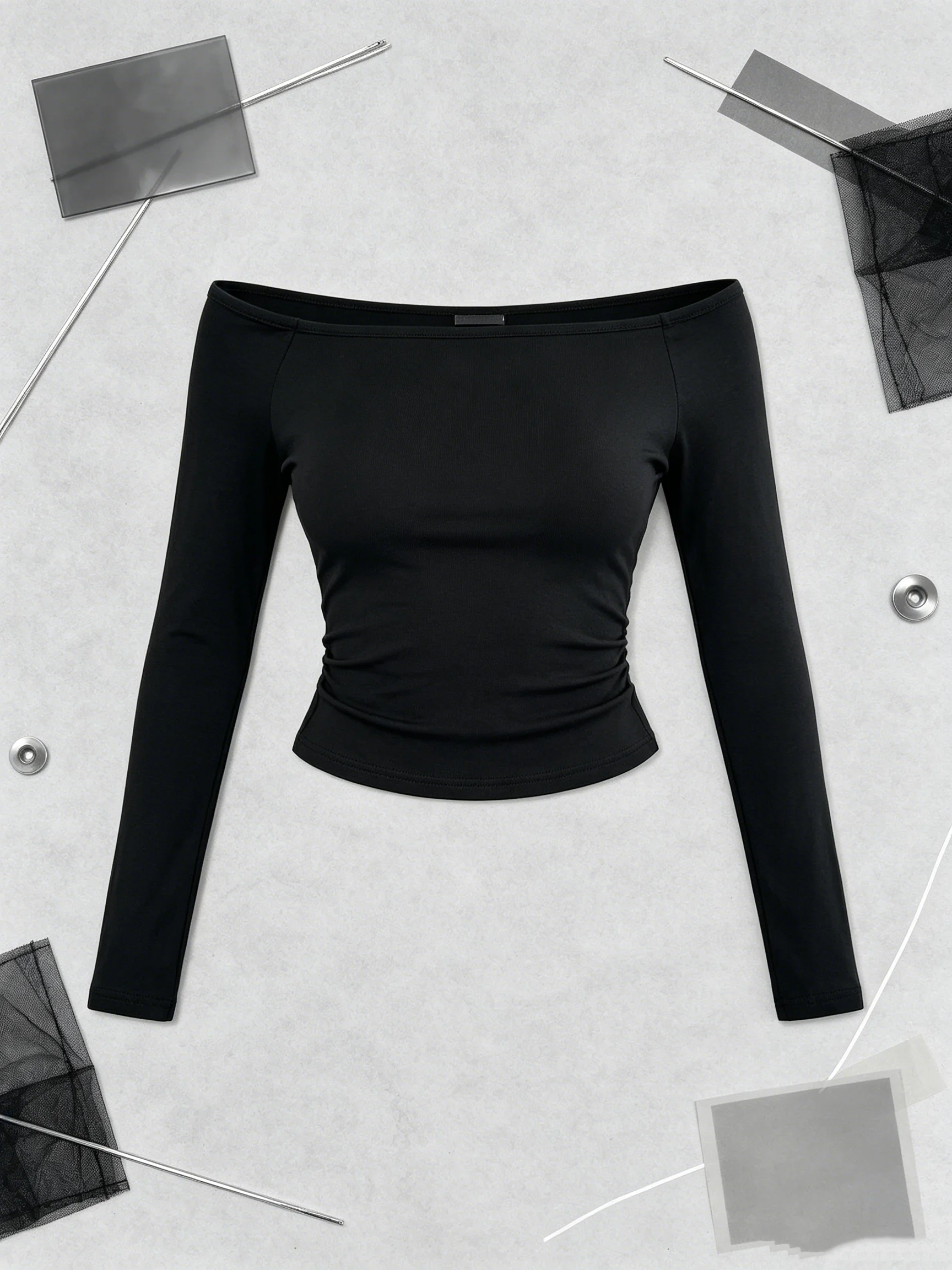 Damen Langarm T-Shirt mit freiem Schulterbereich, lässig, bequem, sexy, einfarbig, Oberteil für Frühling und Herbst – Detail 2