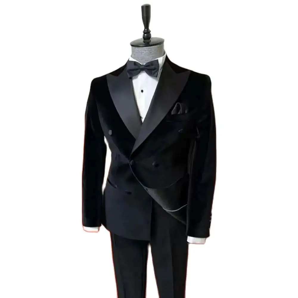 Black Velvet Suits for Men Peak Lapel Formal Wedding Groomsmen 2 Piece Jacket Pants Male Clothing Luxury Costume Homme Terno