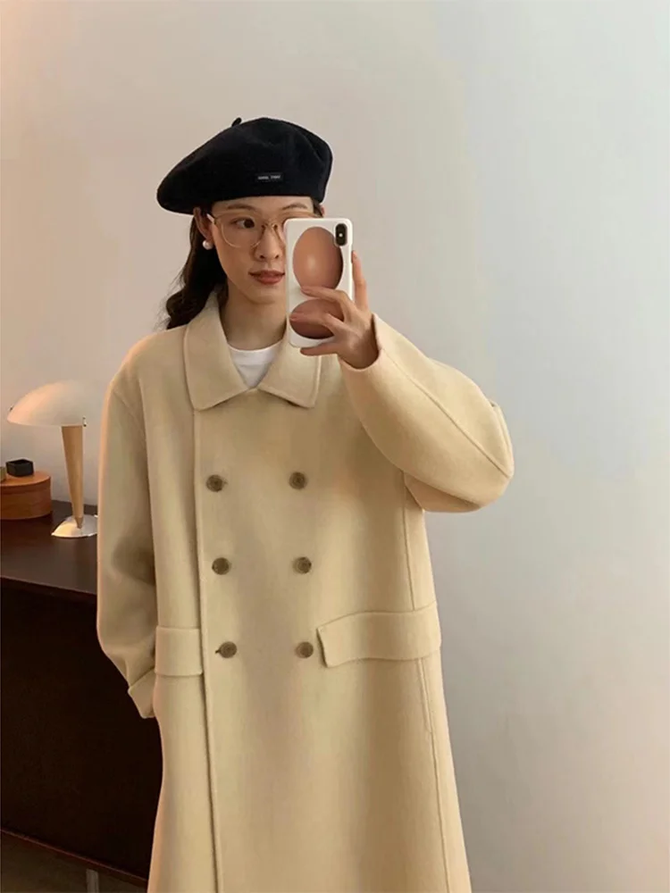 

HTBTEGG * Home Double breasted Hand Sewn Wool Coat Women's Korean Loose Double sided Wool Coat