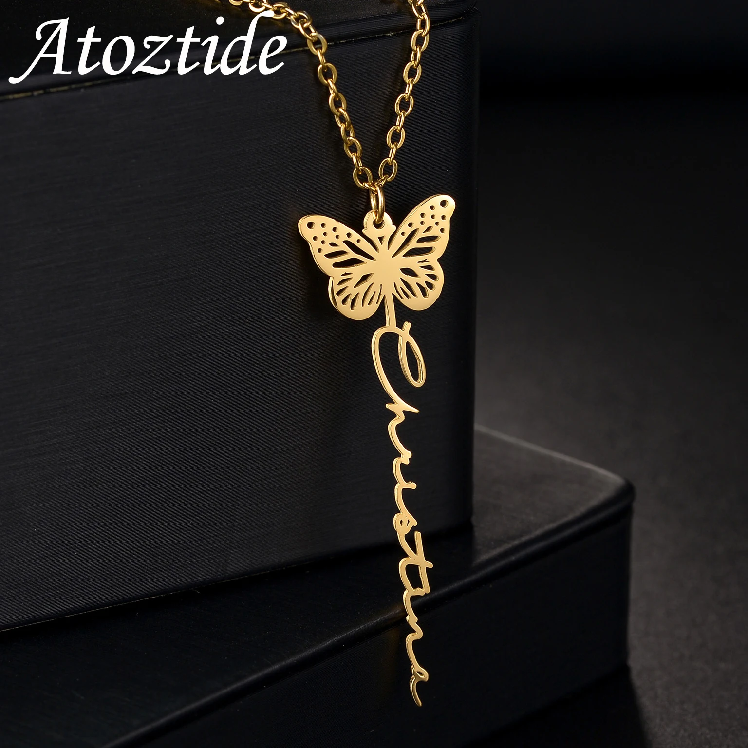 

Atoztide Personalized Custom Name Necklace Stainless Steel Birth Month Butterfly Nameplate Choker Pendant Chain Birthday Gifts