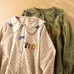 Mori girl sweet green polka dot shirts peter pan collar embroidery winter long sleeve tops for women y2k vintage top cute clothe