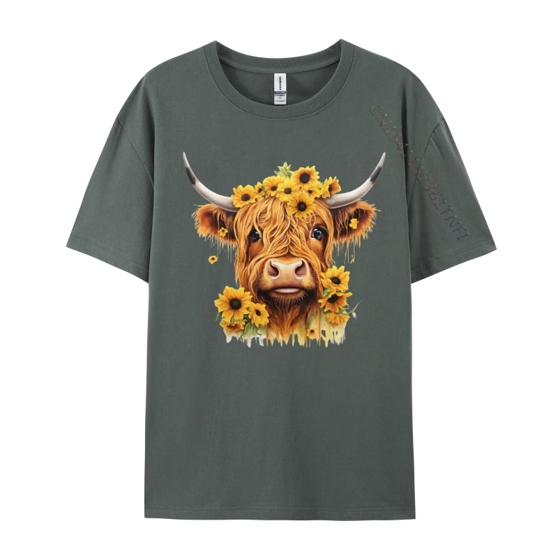 Cute Sunflower Design For With Scottish Highland Cow Group Coupons Men's T Shirt Cotton Tops Tees Simple Style Tee Shirts