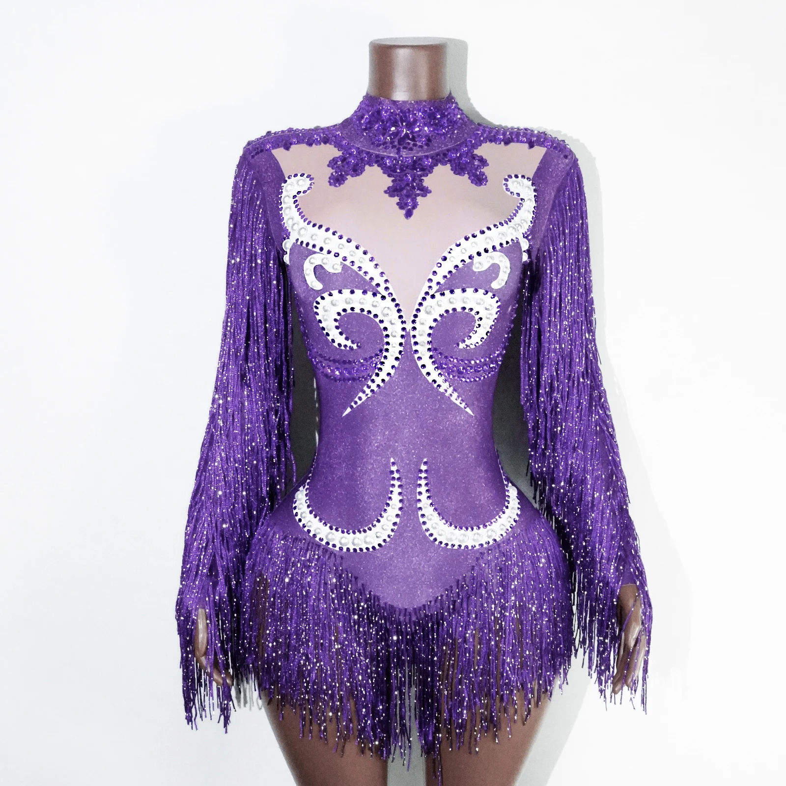 Combinaison courte brillante avec strass pour femmes, ensemble Sexy à franges en maille transparente, Costume de danse latine pour spectacle sur scène et discothèque